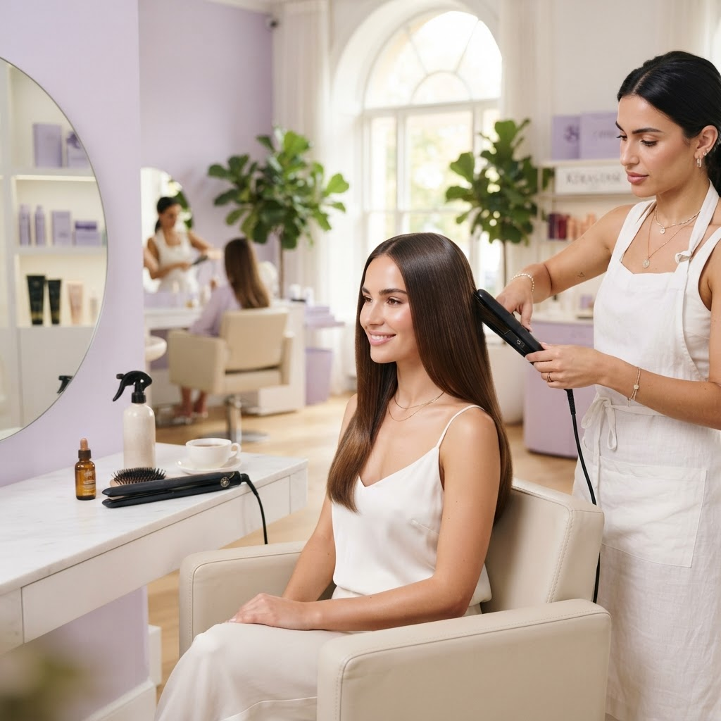 Cliente com cabelo liso e brilhoso após tratamento de beleza
